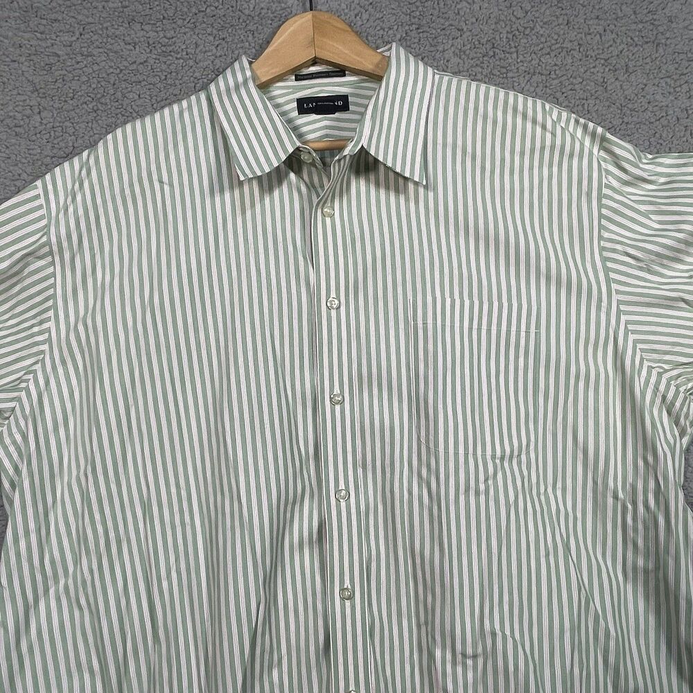 Lands' End Men 18.5 34 Pinpoint Oxford No Iron Shirt Cotton Green Striped
